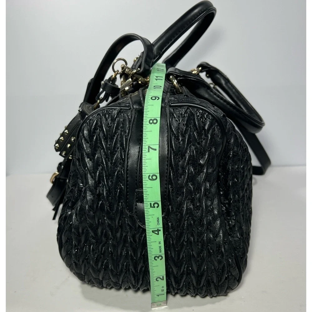 Black Gathered Vegan Leather Large Handbag with Tassels Gold Harware